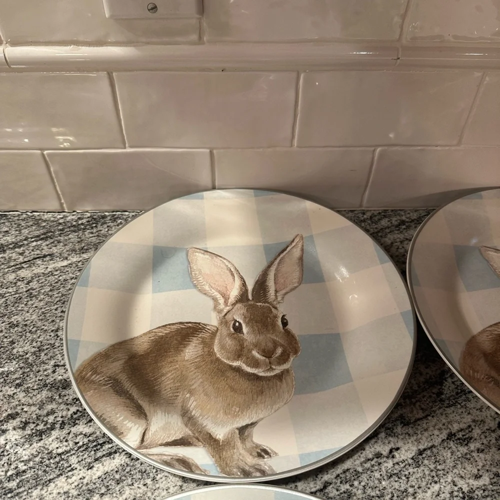 4 WILLIAMS SONOMA DAMASK BUNNY DINNER PLATES